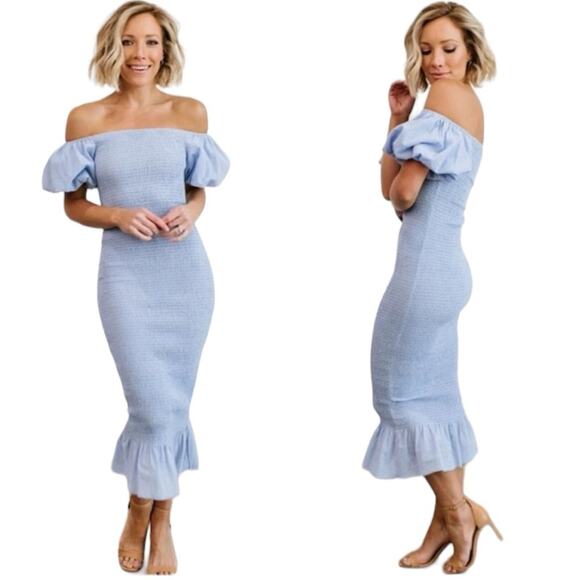 Baltic Born Alana Smocked Midi Dress Blue Off The Shoulder Puff Sz S - Picture 1 of 5